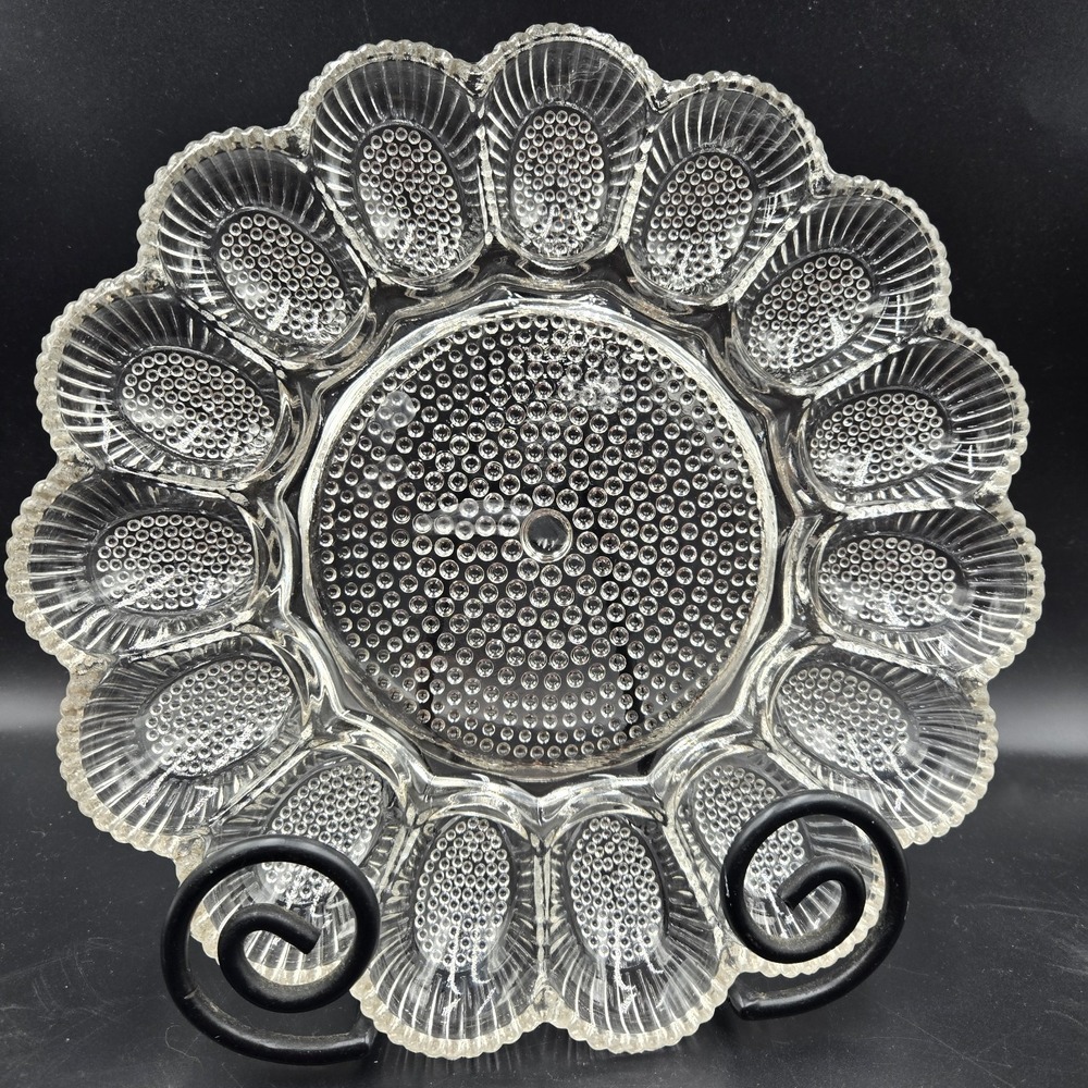 Indiana Glass VTG 70s 11" Clear Hobnail Deviled Egg Plate Cottagecore Dinnerware